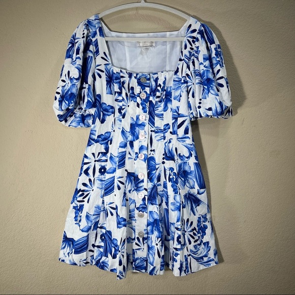 Caroline Constas white blue linen blend Garden tile Farm mini dress Sz 6 Party - Picture 2 of 15